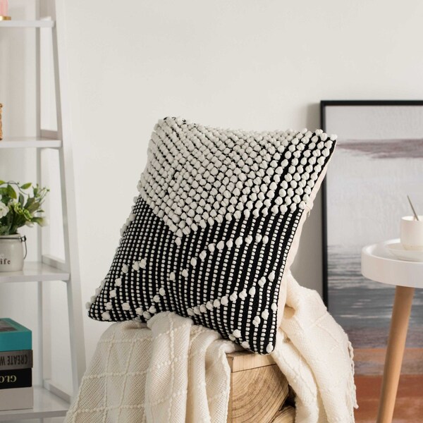 16 Handwoven Cotton Throw Pillow Cover With Embossed White Dots On Black With Filler, Black & White